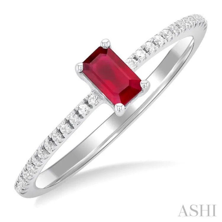 1/10 ctw Petite 5x3 MM Emerald Shape Ruby and Round Cut Diamond Precious Fashion Ring in 10K White Gold