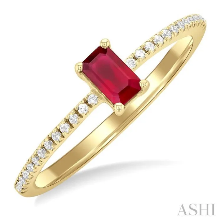 1/10 ctw Petite 5X3MM Emerald Cut Ruby and Round Cut Diamond Precious Fashion Ring in 10K Yellow Gold