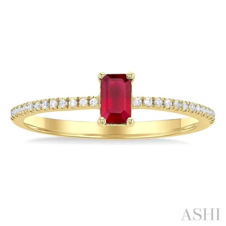 1/10 ctw Petite 5X3MM Emerald Cut Ruby and Round Cut Diamond Precious Fashion Ring in 10K Yellow Gold