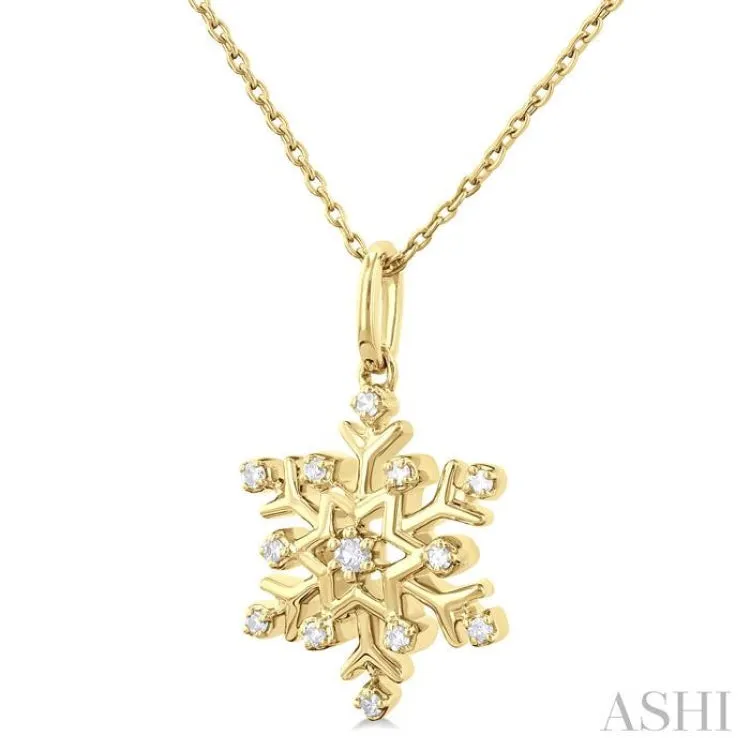 1/10 ctw Petite Snowflake Round Cut Diamond Fashion Pendant With Chain in 10K Yellow Gold