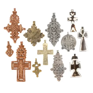 12-Piece Cross Pendant Bundle: Brass, Copper, Silver & Bone