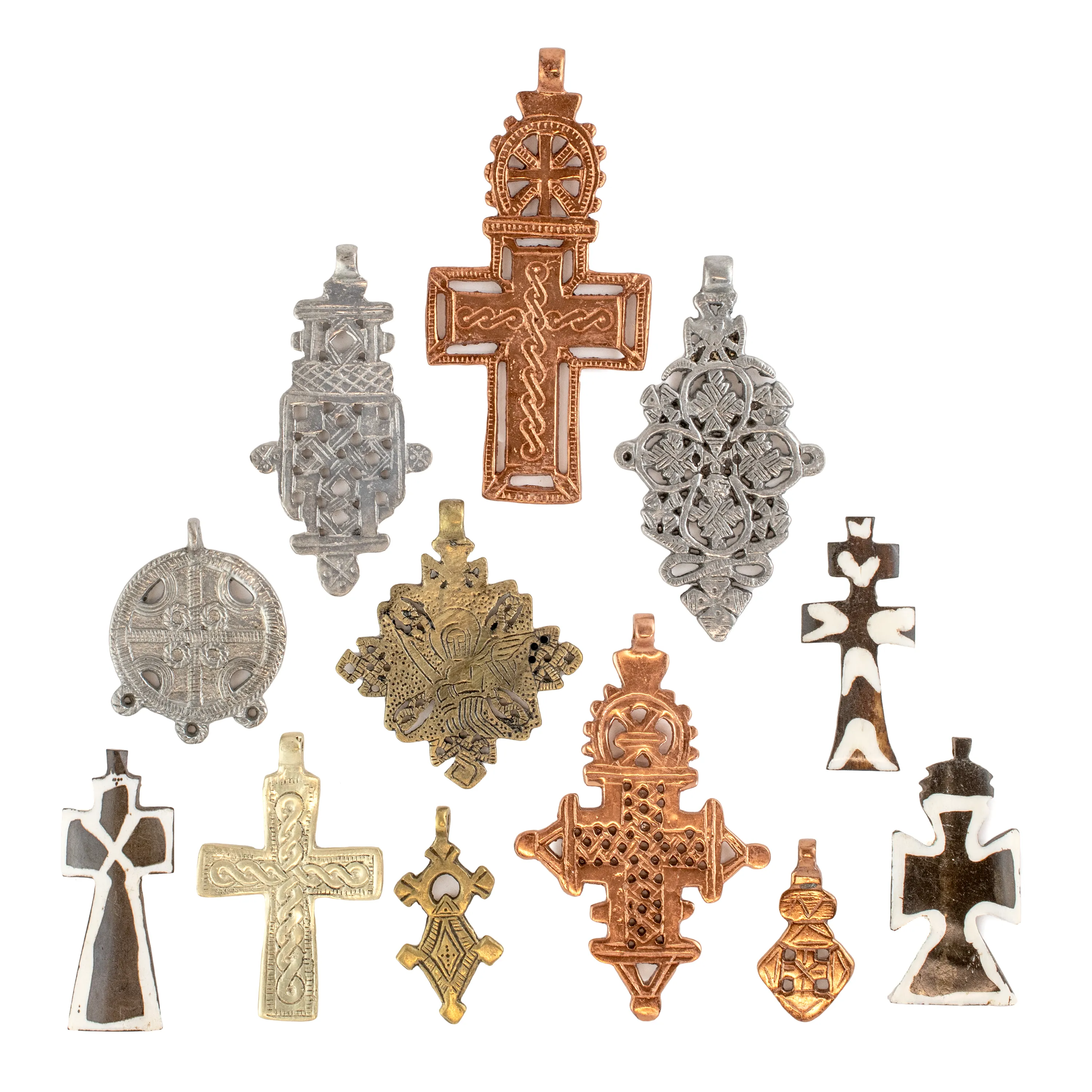 12-Piece Cross Pendant Bundle: Brass, Copper, Silver & Bone