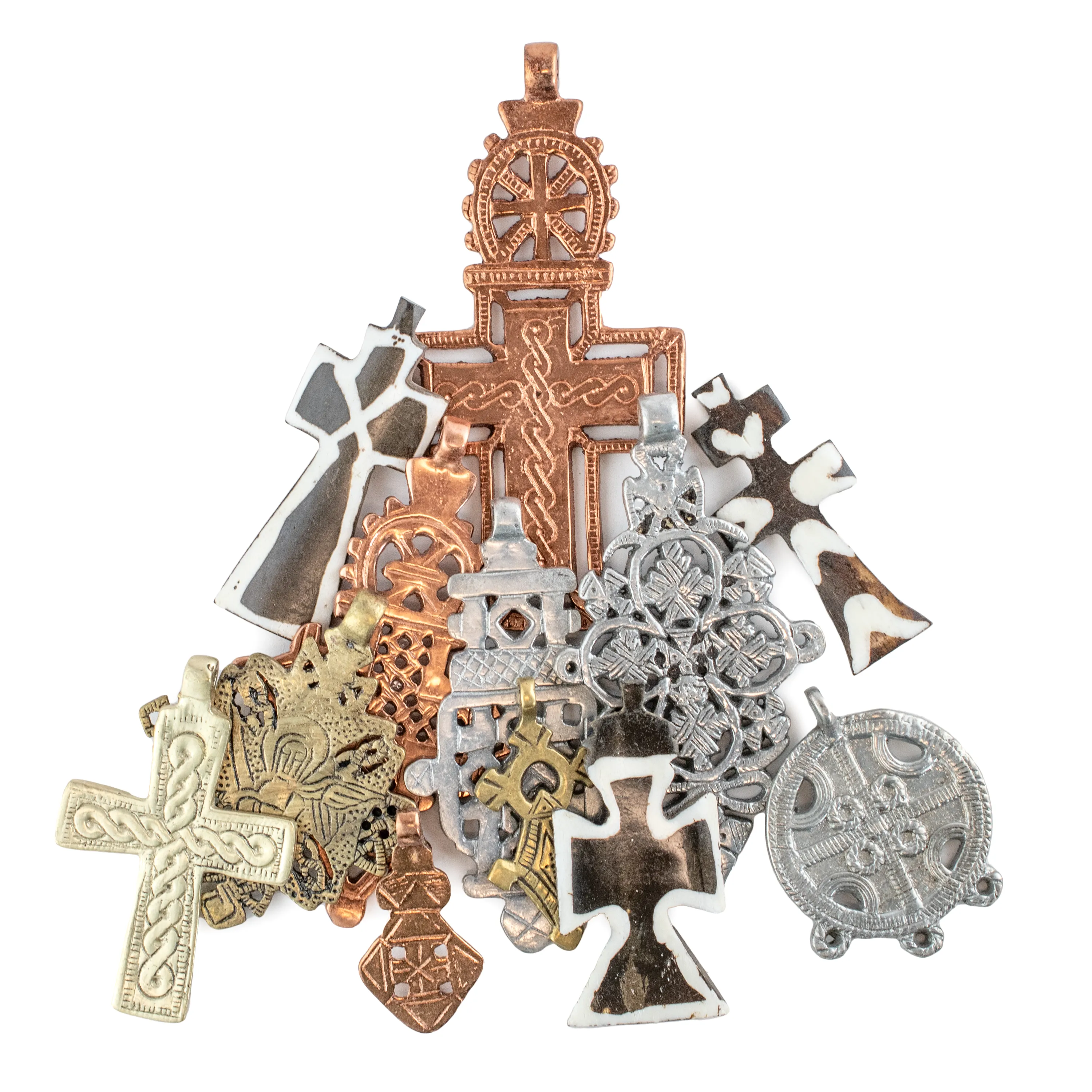 12-Piece Cross Pendant Bundle: Brass, Copper, Silver & Bone