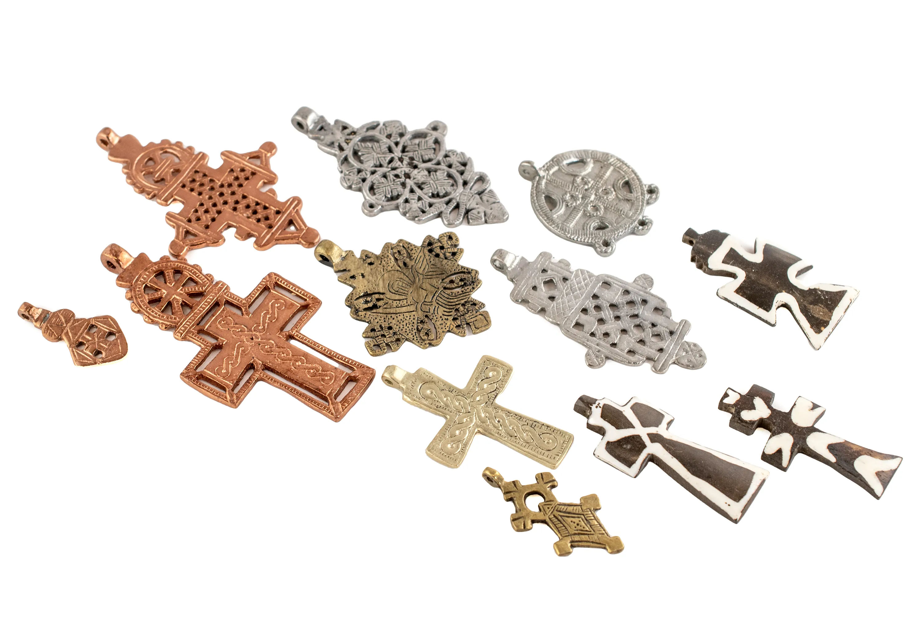 12-Piece Cross Pendant Bundle: Brass, Copper, Silver & Bone