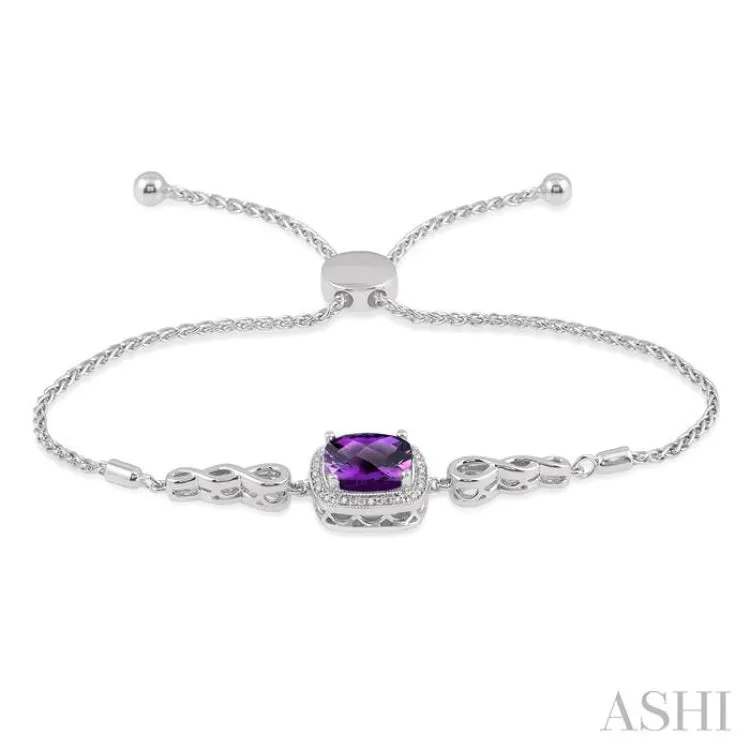 1/20 Ctw Cushion Shape 10x10 MM Amethyst Round Cut Diamond Sterling Silver Lariat Bracelet