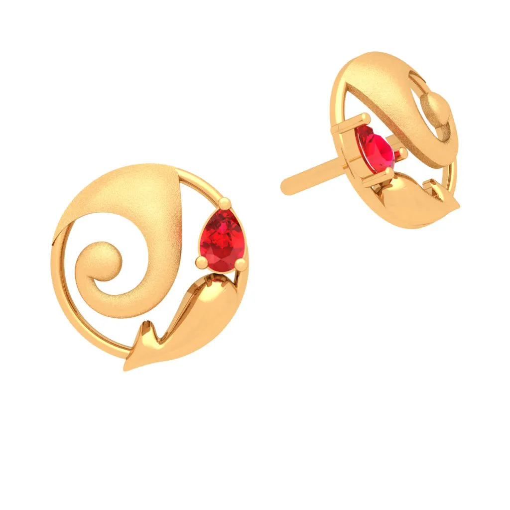 14k Lord Ganesha Themed Gold Earrings With Red Gemstone From Online Exclusive