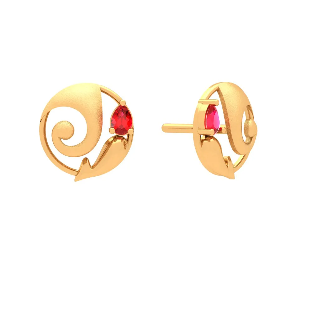 14k Lord Ganesha Themed Gold Earrings With Red Gemstone From Online Exclusive