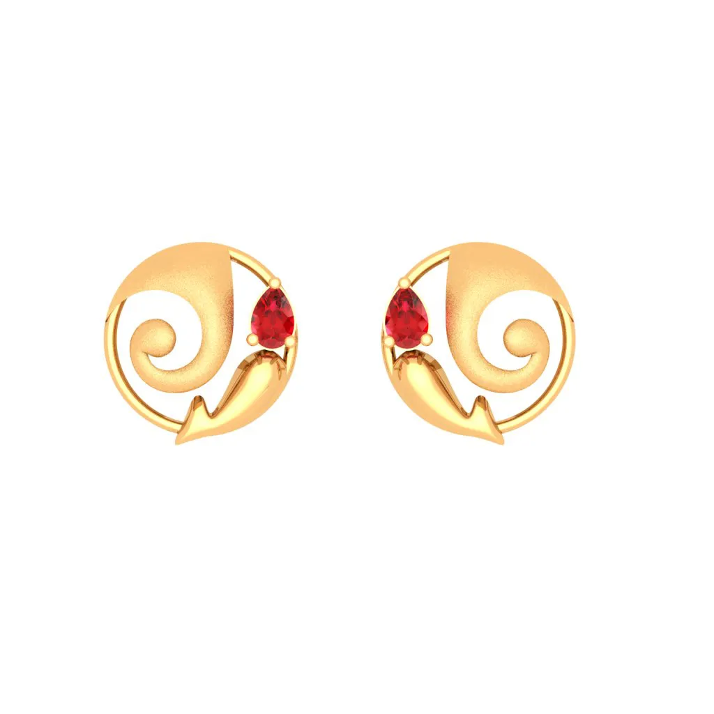 14k Lord Ganesha Themed Gold Earrings With Red Gemstone From Online Exclusive