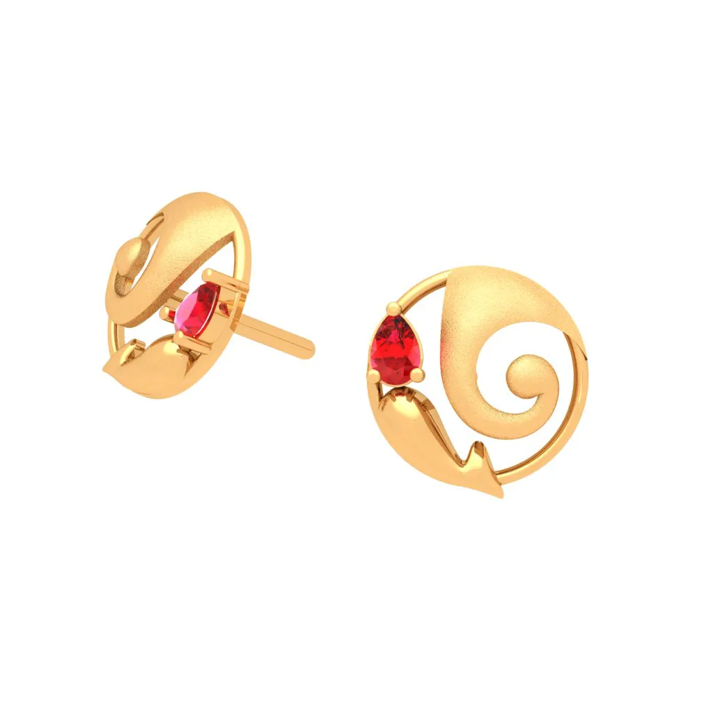 14k Lord Ganesha Themed Gold Earrings With Red Gemstone From Online Exclusive