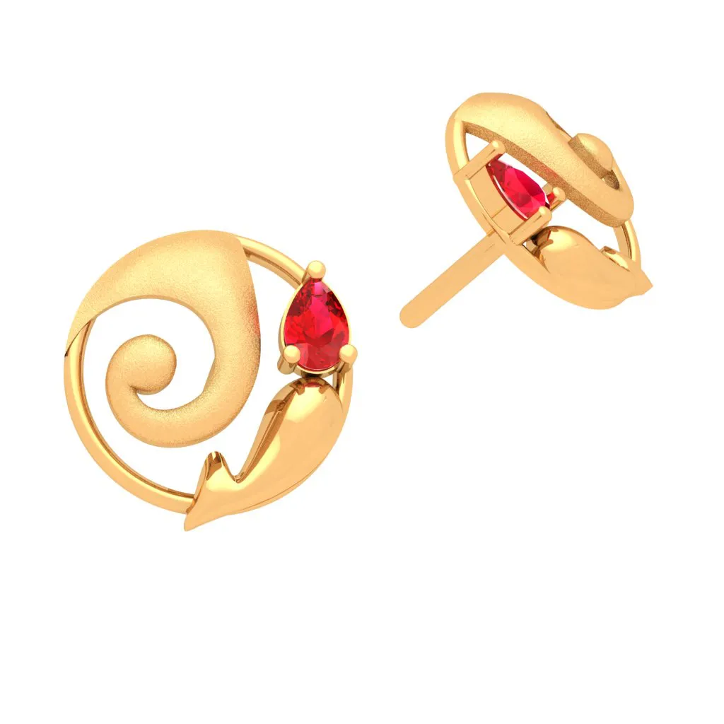 14k Lord Ganesha Themed Gold Earrings With Red Gemstone From Online Exclusive