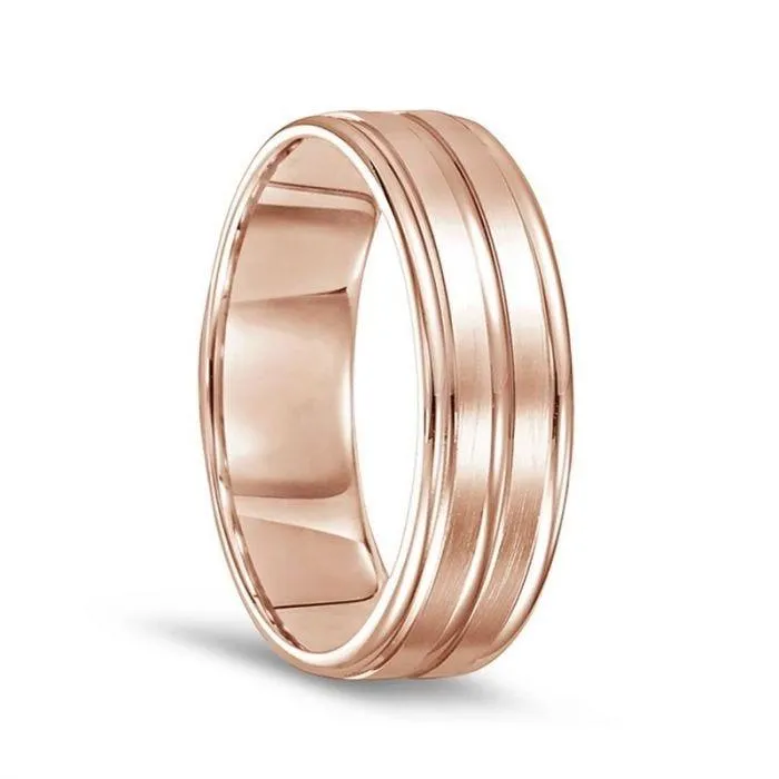 14k Rose Gold Brushed Finished Polished Grooved Wedding Ring with Round Edges - 7mm