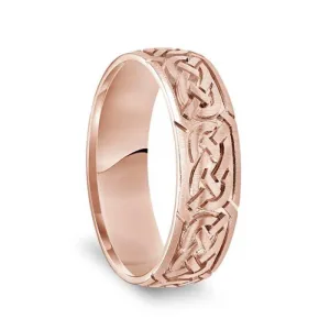 14k Rose Gold Engraved Celtic Knot Pattern Men’s Wedding Band With Satin Finish - 6.5mm - 8.5mm