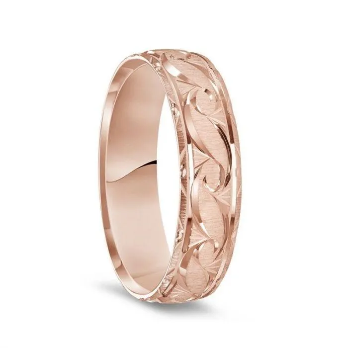 14K Rose Gold Satin Finished Ring with Polished Grooved Pattern & Beveled Edges - 6mm