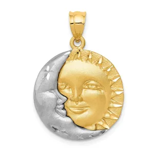 14k Two Tone Gold Solid Textured Diamond Cut Brushed Finish Moon and Sun Circular Design Charm Pendant