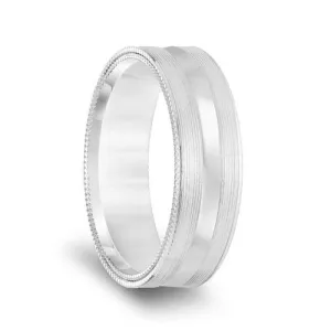 14k White Gold Brushed Finish Men’s Concave Wedding Band with Double Milgrain Edges - 6.5mm