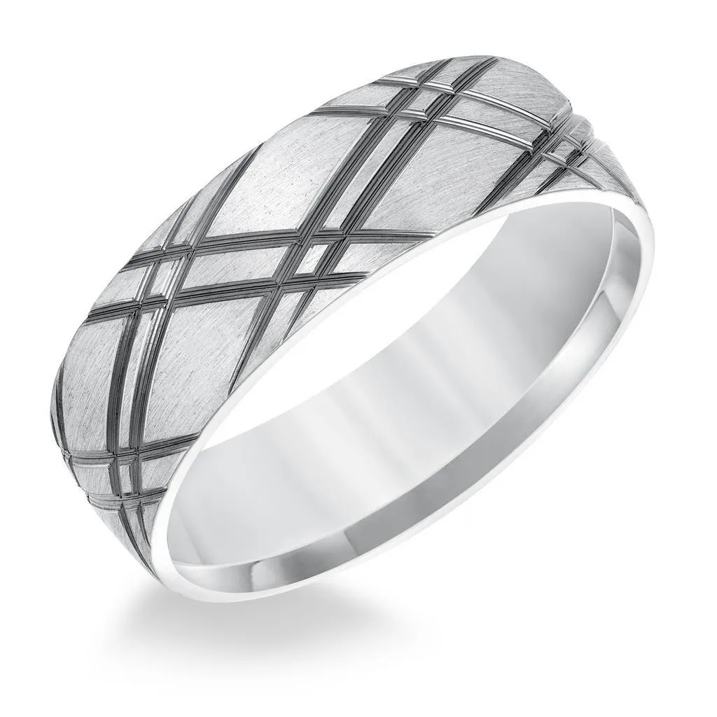 14k White Gold Brushed Finish Mens Wedding Band with Polished Criss Cross Grooves - 6.5mm