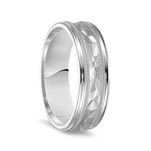 14k White Gold Brushed Finish Textured Center Wedding Ring with Milgrain & Polished Edges - 7mm