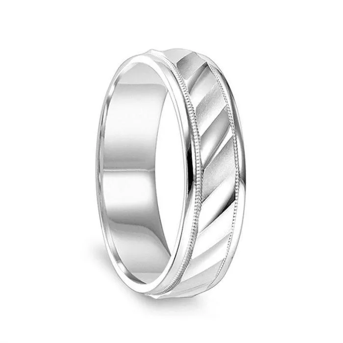 14k White Gold Satin Finished Milgrain Women's Wedding Ring With Diagonal Cuts & Polished Edges - 4mm - 6mm