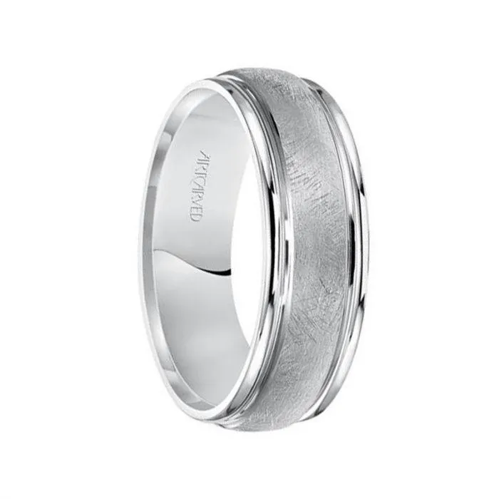 14k White Gold Wedding Band Crystalline Domed Finish Center with Dual Ridge Accents Flat Edges- 7.5 mm