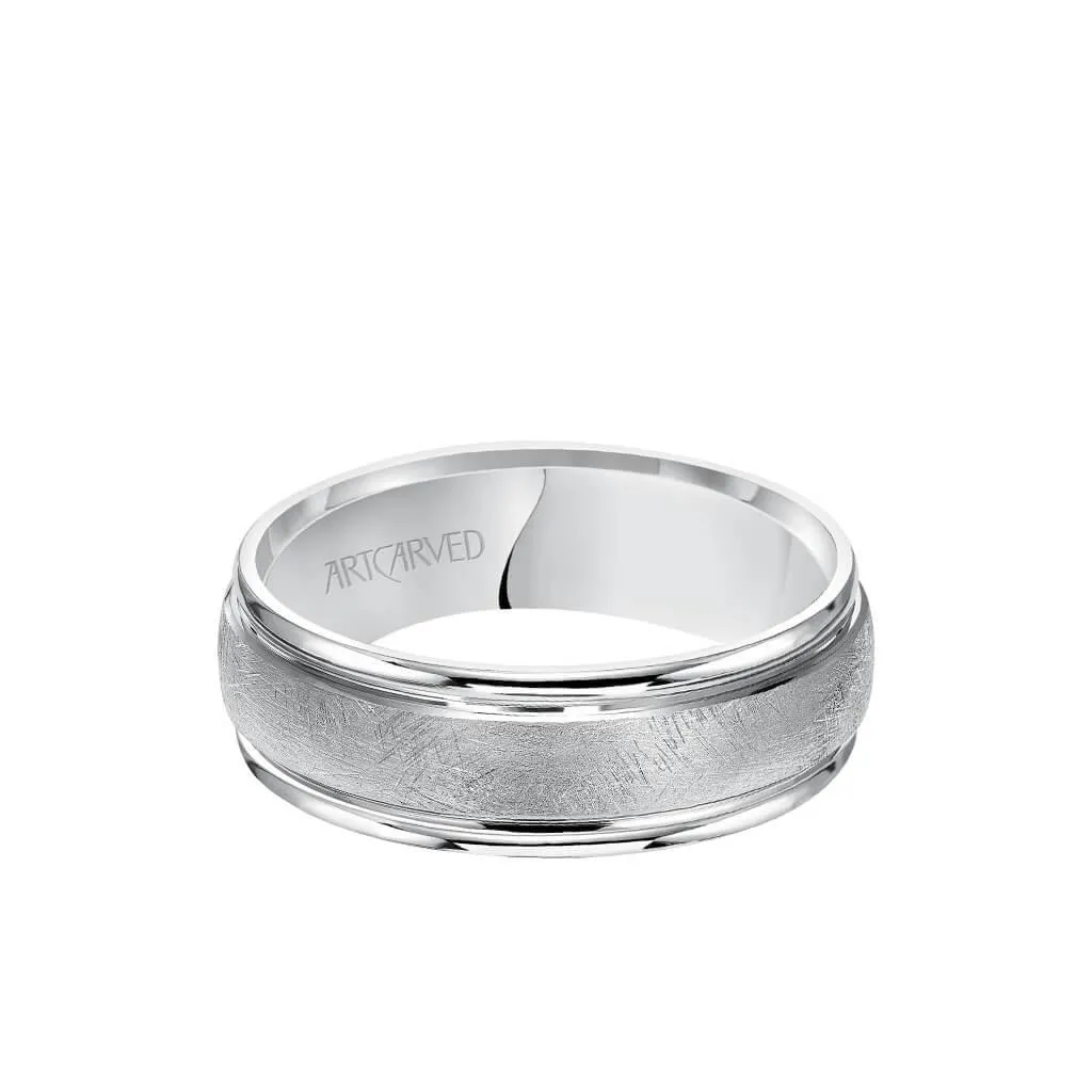 14k White Gold Wedding Band Crystalline Domed Finish Center with Dual Ridge Accents Flat Edges- 7.5 mm