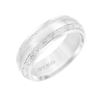 14k White Gold Wedding Band Domed Satin Finish Center with Paisley Edge Detail Flat Edges - 7 mm