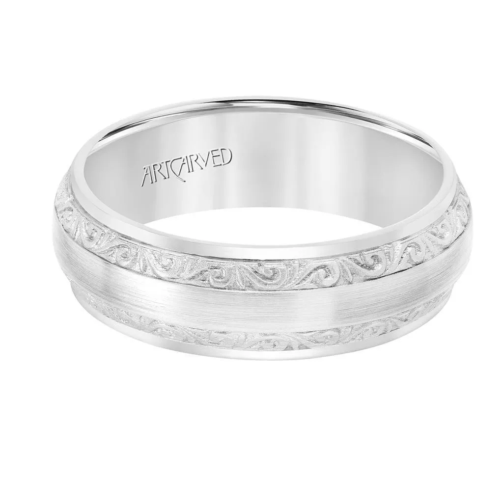 14k White Gold Wedding Band Domed Satin Finish Center with Paisley Edge Detail Flat Edges - 7 mm