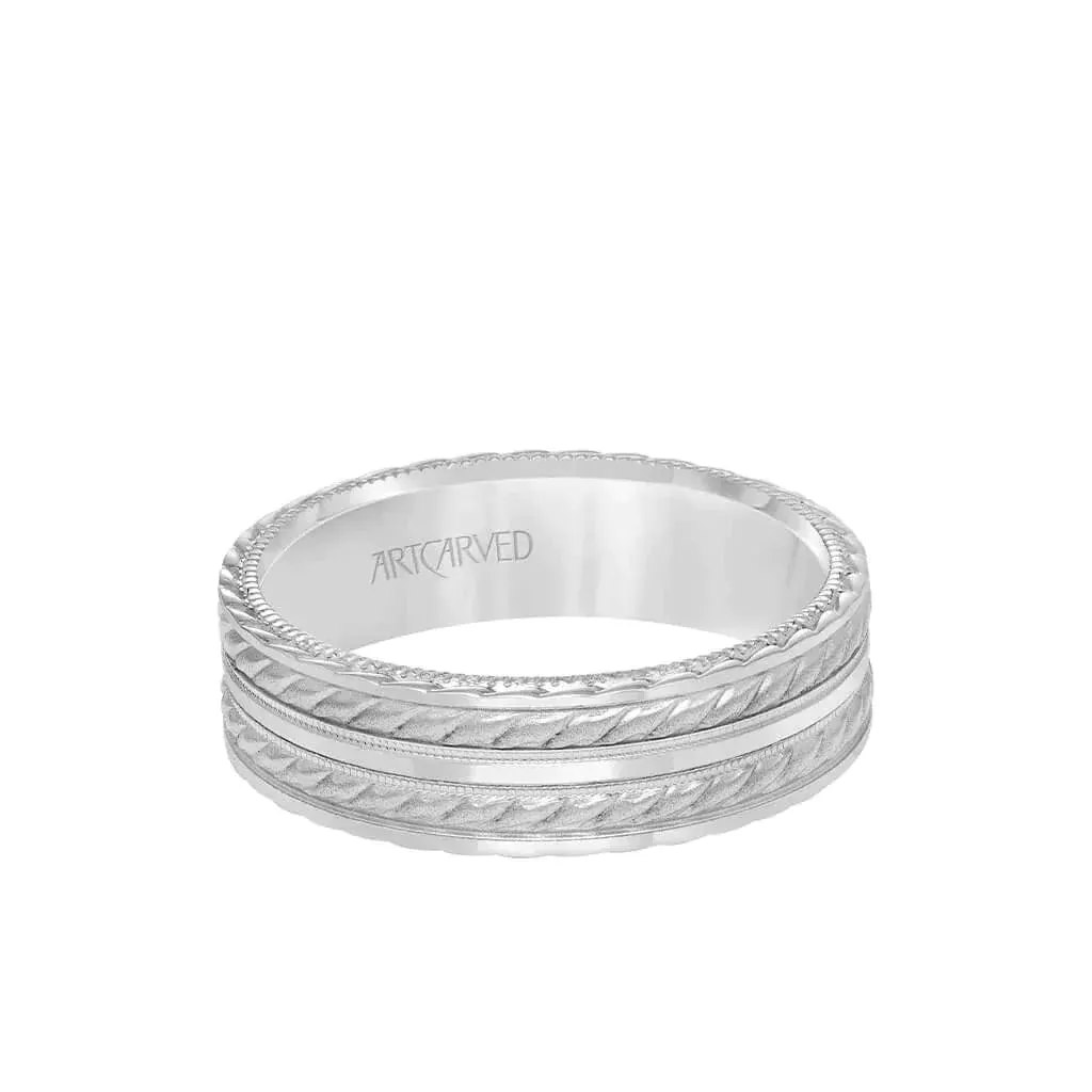 14k White Gold Wedding Band Flat Dual Rope & Milgrain Center Design Sandblasted Finish with Flat Edges- 6.5 mm