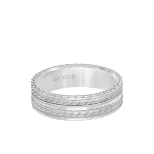 14k White Gold Wedding Band Flat Dual Rope & Milgrain Center Design Sandblasted Finish with Flat Edges- 6.5 mm