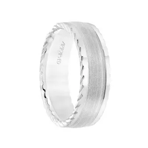 14k White Gold Wedding Band Flat Serrated Center Design with Rope Accent Edges- 7 mm