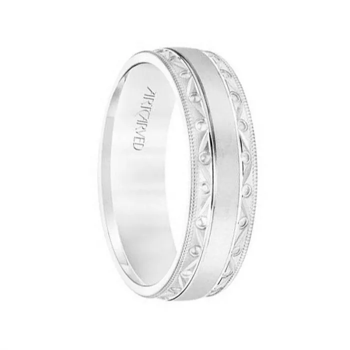 14k White Gold Wedding Band Vintage Textural Design Finish with Intricate Milgrain Edges- 6.5 mm