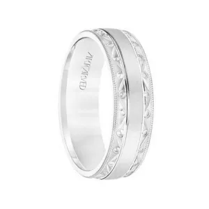 14k White Gold Wedding Band Vintage Textural Design Finish with Intricate Milgrain Edges- 6.5 mm