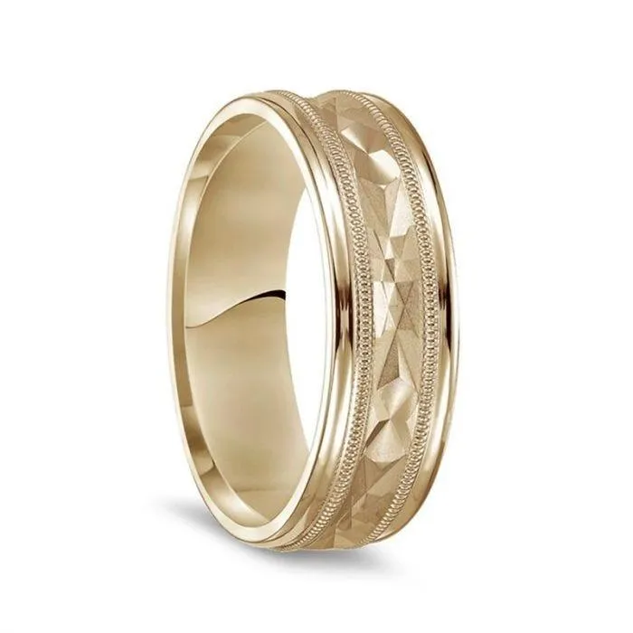 14k-yellow-gold-brushed-finish-textured-center-mens-wedding-ring-with-milgrain-polished-edges-7mm