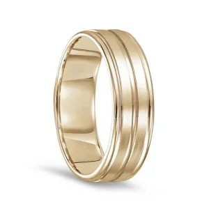 14k Yellow Gold Brushed Finished Polished Grooved Wedding Ring with Round Edges - 7mm