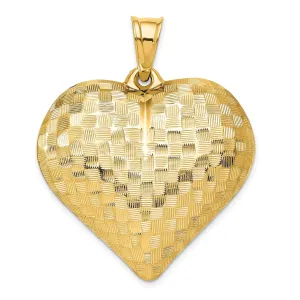 14K Yellow Gold Hollow Polished Diamond Cut Finish Weave Pattern Design 3-Dimensional Puff Heart Charm Pendant