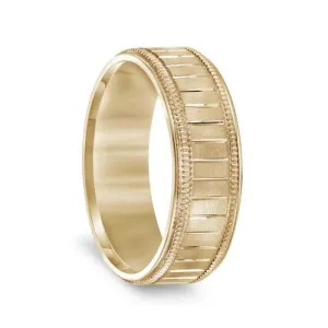 14k Yellow Gold Men’s Milgrain Wedding Band with Polished Horizontal Grooves - 7mm