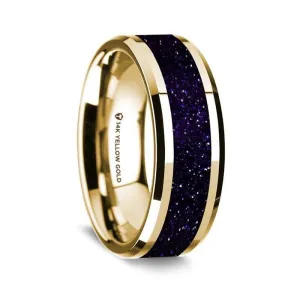 14K Yellow Gold Polished Beveled Edges Wedding Ring with Purple Goldstone Inlay - 8 mm