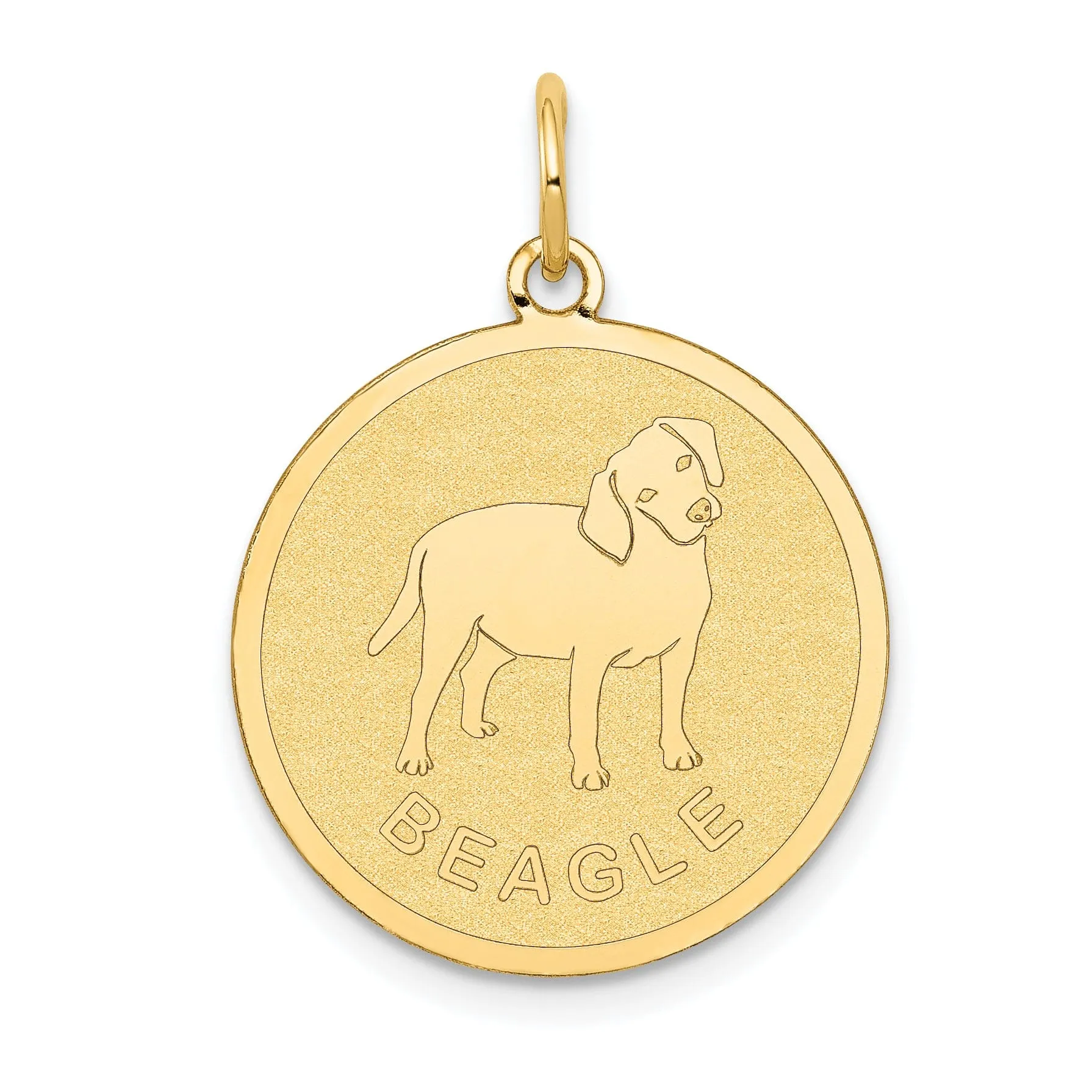 14k Yellow Gold Polished Finish Flat Back Beagle Dog Engravable Disc Round Shape Charm Pendant