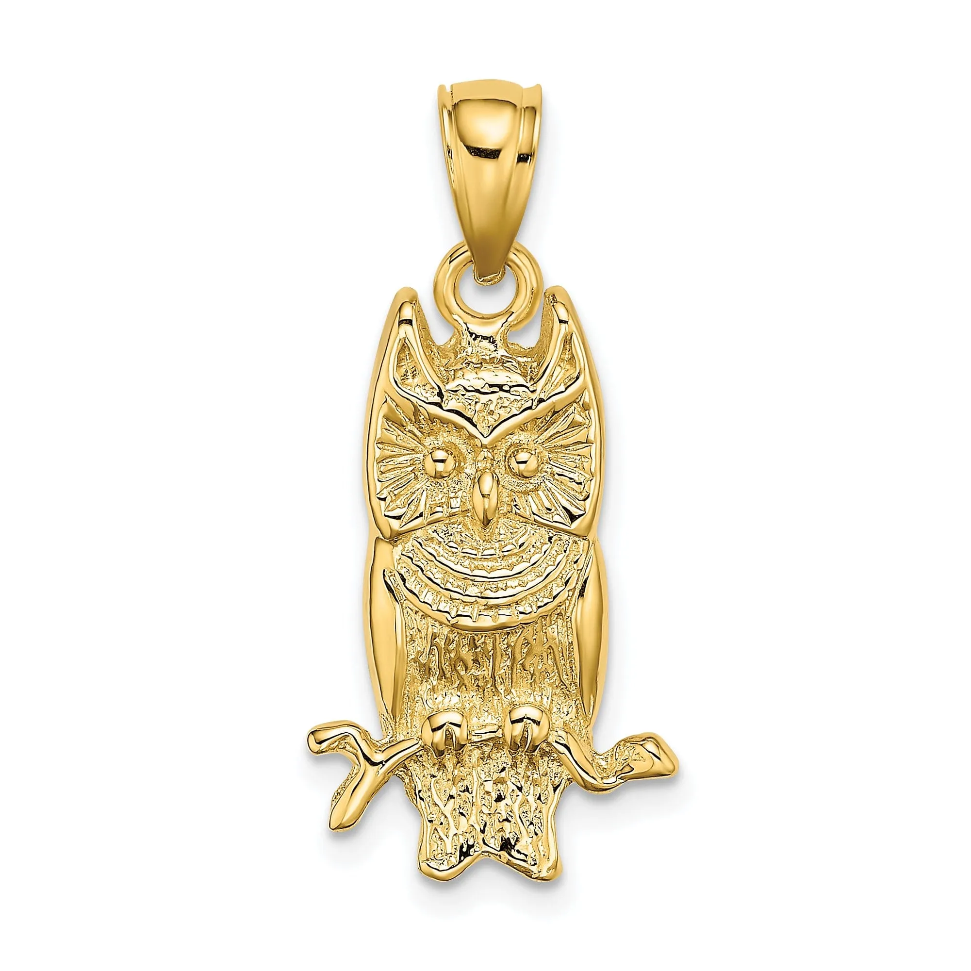 14K Yellow Gold Polished Textured Finish Concave Shape Owl on Branch Charm Pendant