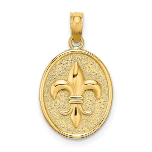 14K Yellow Gold Textured Polished Finish Fleur de Lis on Oval Disc Shape Design Charm Pendant