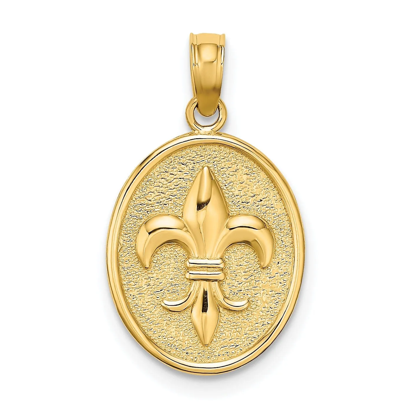 14K Yellow Gold Textured Polished Finish Fleur de Lis on Oval Disc Shape Design Charm Pendant