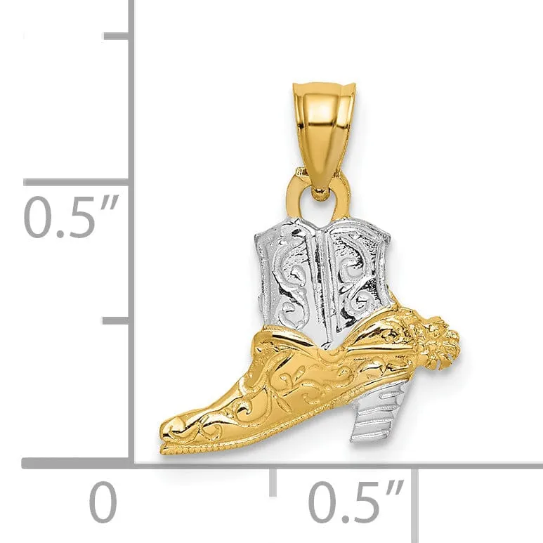 14k Yellow Gold White Rhodium Textured Polished Finish Cowboy Boot Charm Pendant