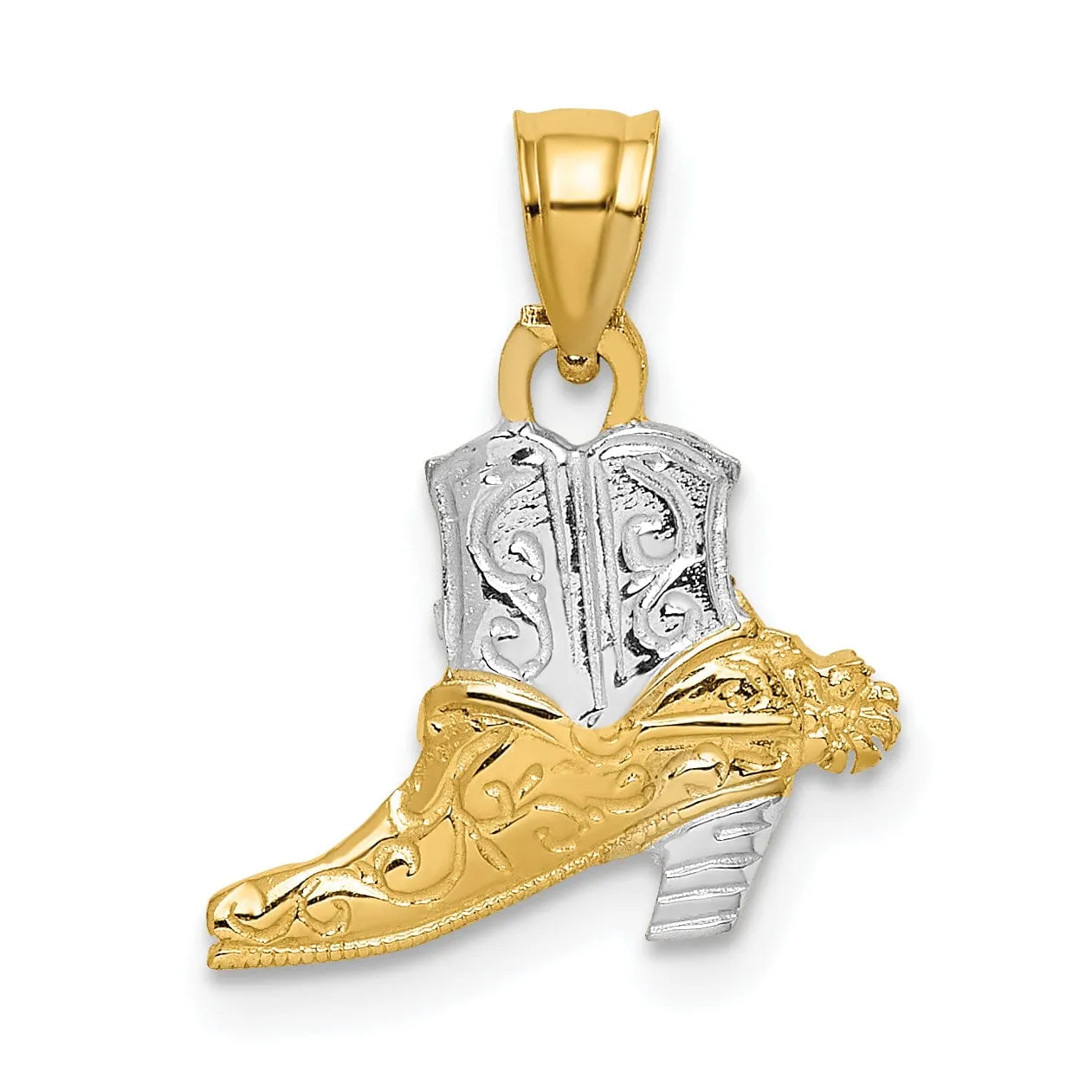 14k Yellow Gold White Rhodium Textured Polished Finish Cowboy Boot Charm Pendant