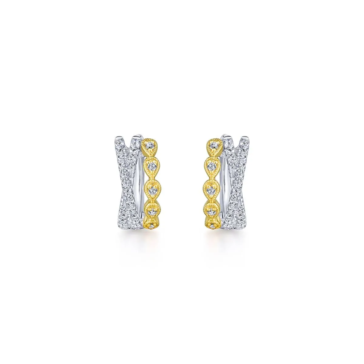 14K Yellow-White Gold Criss Cross 10mm Diamond Huggies - EG13454M45JJ