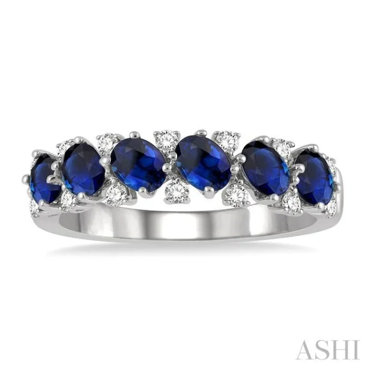 1/5 ctw Oval Shape 4X3MM Sapphire and Round Cut Diamond Precious Band in 14K White Gold