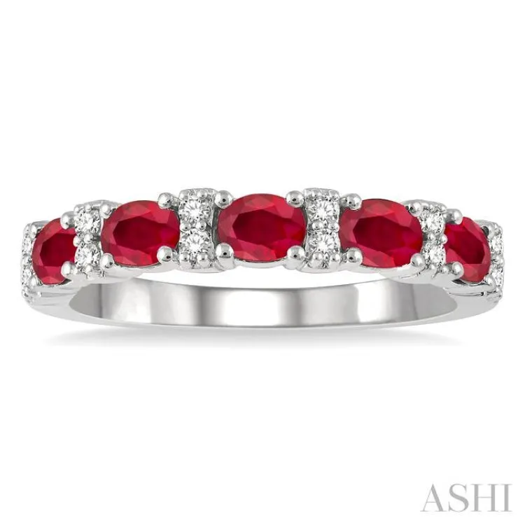 1/6 Ctw Oval Shape 4x3MM Ruby and Round Cut Diamond Precious Band in 14K White Gold