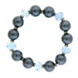 1928 Jewelry Light Blue Glass Bead Hematite Faux Pearl Stretch Bracelet