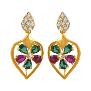 22k Gold Earrings With A Gemstone Flower On Top Of A Leaf Design And Stone Detailing