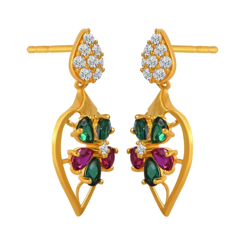 22k Gold Earrings With A Gemstone Flower On Top Of A Leaf Design And Stone Detailing