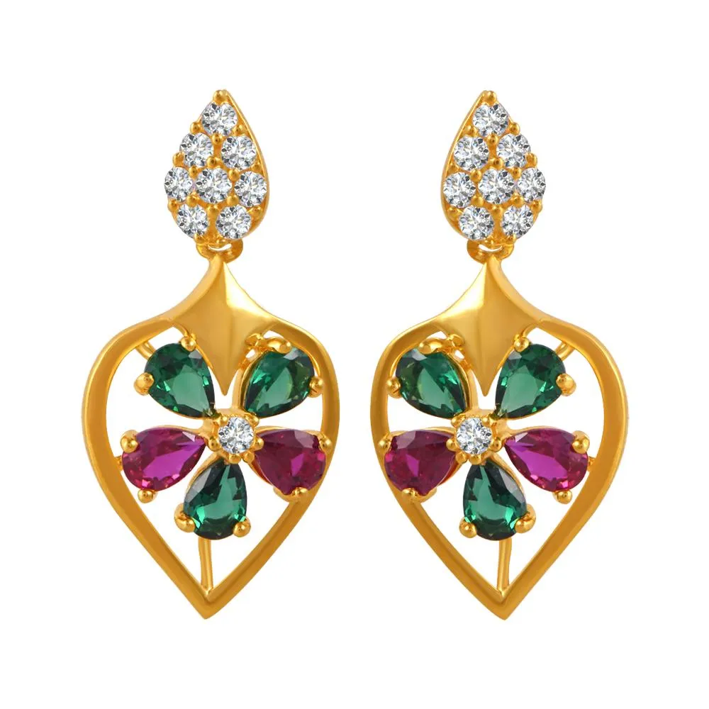 22k Gold Earrings With A Gemstone Flower On Top Of A Leaf Design And Stone Detailing