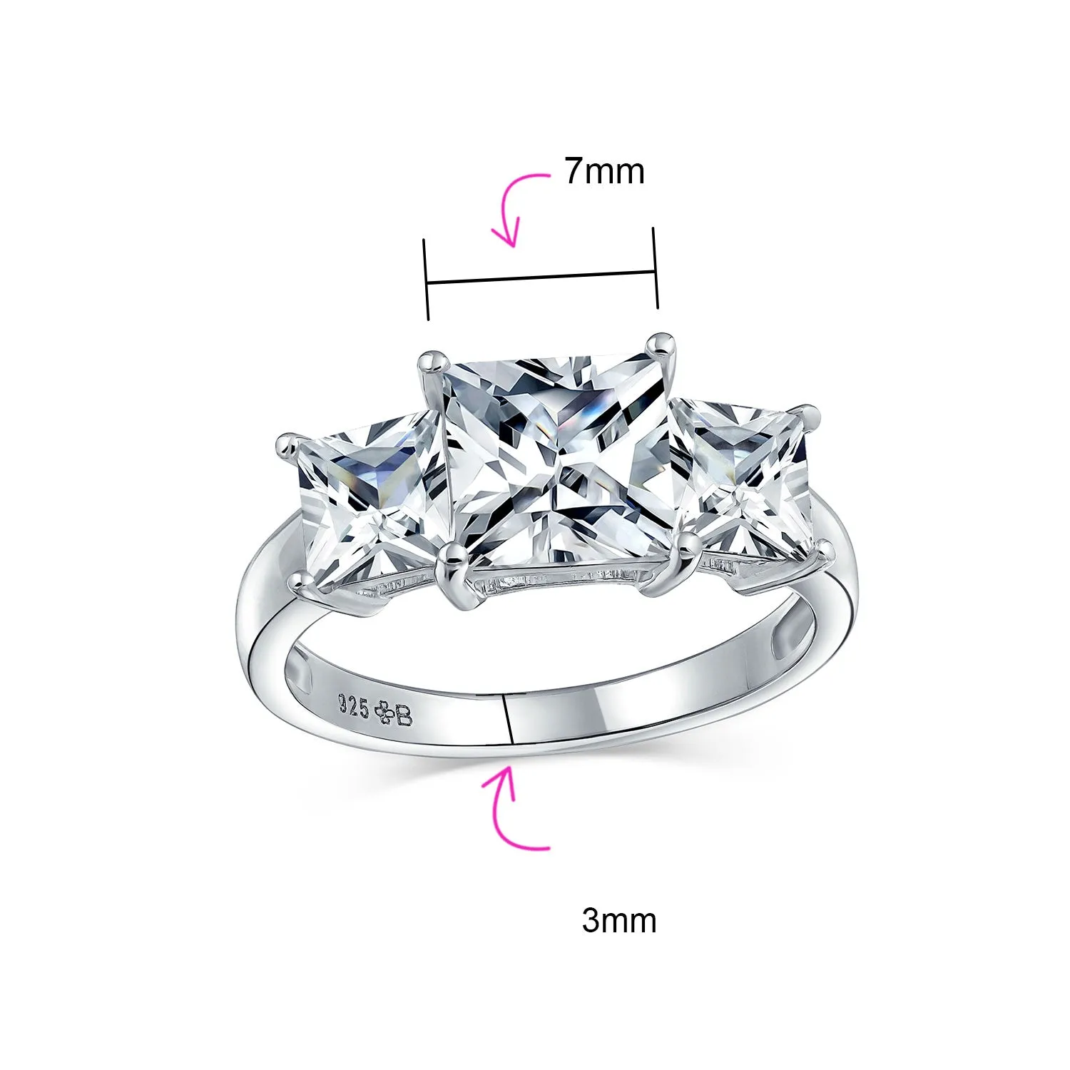 3CTW Princess Cut CZ Promise Ring, Three Stone Engagement Ring in Sterling Silver